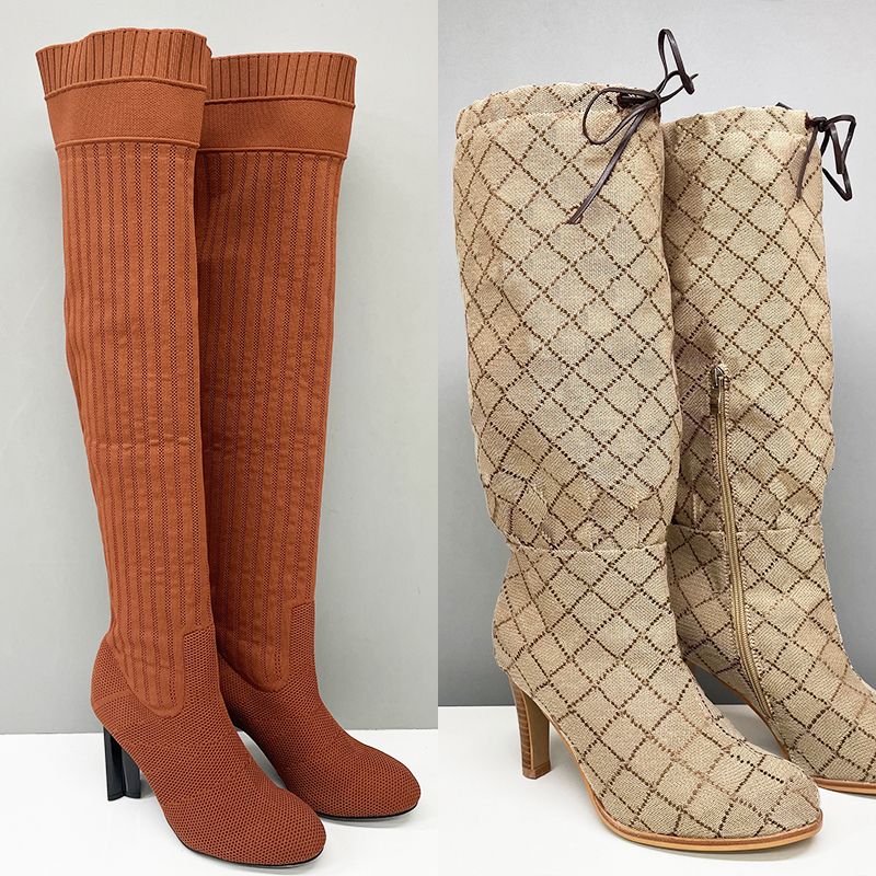 2026 Women Designer Boots Over The Knee Sock Boot Winter Socks Long Boot Adjustable Straps Canvas Zipper Laces Original Shoes Ladies Girls Sexy Knee High Boot 335 - 1 of 8