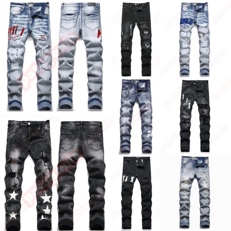 Mens Designer jeans Fashion Jeans European America Style Jean Streetwear Letter Embroidery Pants Patchwork Ripped For Motorcycle Pant Skinny Jeans - 2 of 9