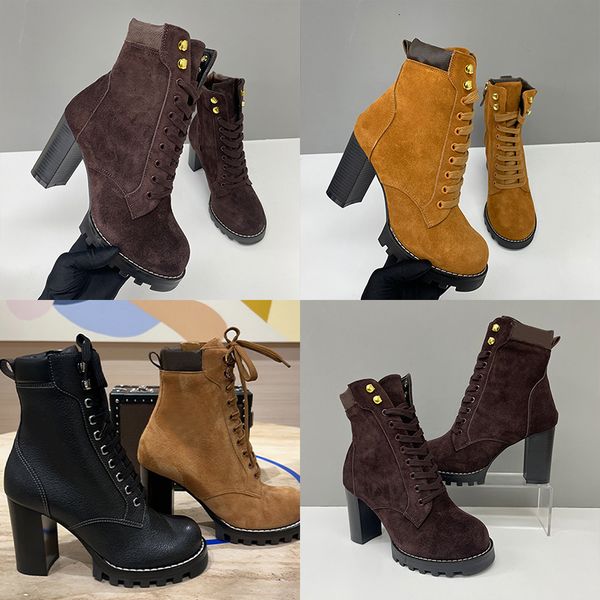 2026 Luxury Star Trail Ankle Boots Premium Women's Suede Calf Leather High-Heel Boot Camel Brown Chunky Block Heels Trendy Winter Footwear 1178 - Shoes & Accessories - dupehive