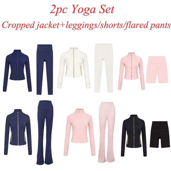 2Pc Gym Set Cropped Jacket Gym Clothe Woman Crop Jacket Women Leggings Run Short Workout Outfits Fitness Leggings for Woman Designer - Sports & Outdoors - dupehive