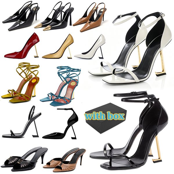 with box designer dress shoes Patent Leather Ankle Strap High Heels popular Sandals for Women Square Open Toe comfort Party Wedding Stiletto gold white - Shoes & Accessories - dupehive