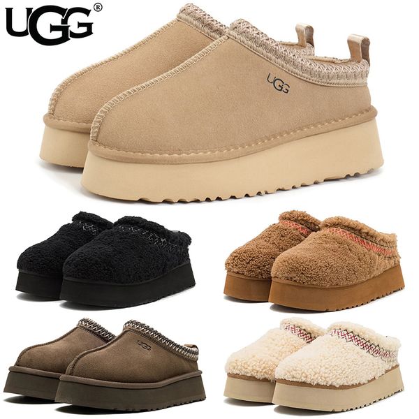 UGG Women's Tazz Platform Slippers Suede Curly Shearling Tribal Stitch Trim Slip On Warm Fur Lined Indoor Outdoor Winter Mule Slides Multiple colors - Shoes & Accessories - dupehive