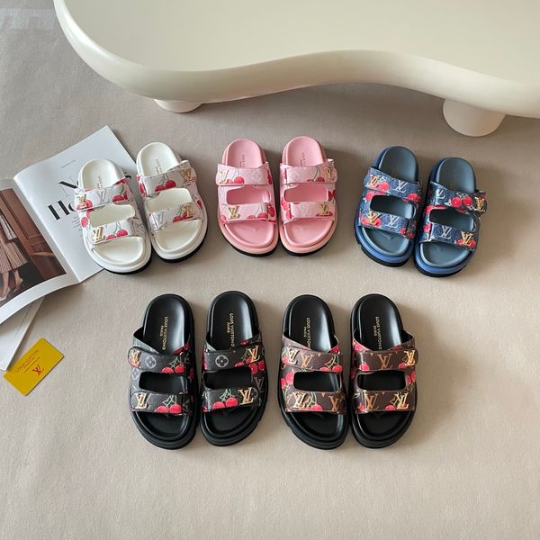 LV x TM Pool Pillow Flat Mule Cherry Print Platform Slide Sandals Women Adjustable Double Strap Metal Thick Sole Casual Outdoor Beach Couple Slippers Multiple colors - Shoes & Accessories - dupehive