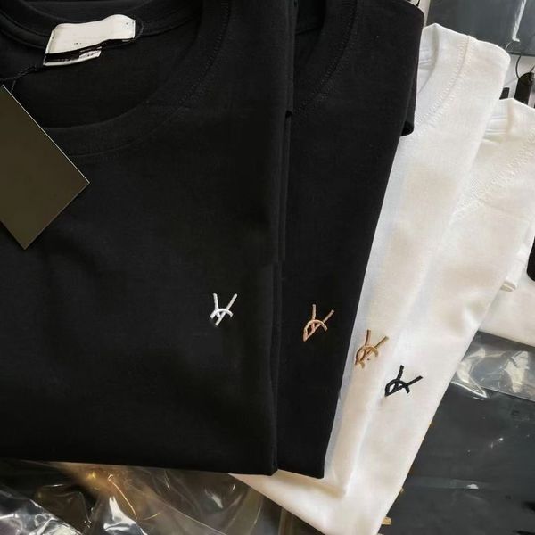 Embroidery Chest Logo Cotton T-shirt Unisex Crew Neck Loose Casual Basic Tee - Apparel - dupehive