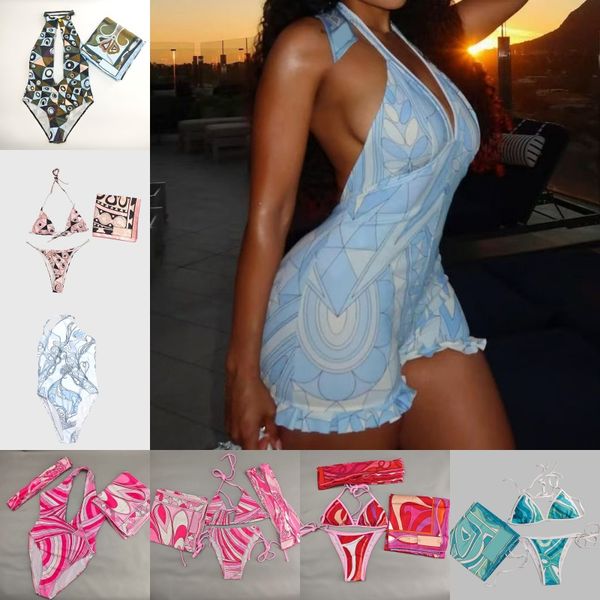 Mixed Prints Bikini Swimwear Headband Scarf Designer Women Sexy V Neck Swimsuits Sarong Skirt Halter Sleeveless Beachwear Beach Holiday Bathing Suits Swimsuit - Apparel - dupehive