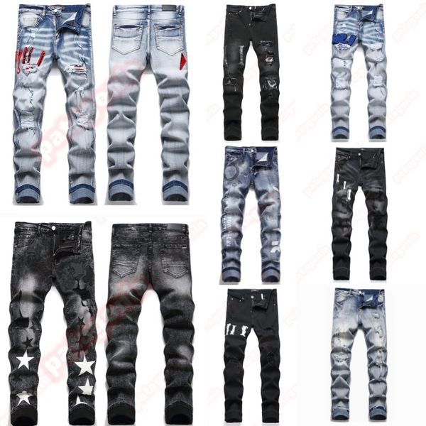 Mens Designer jeans Fashion Jeans European America Style Jean Streetwear Letter Embroidery Pants Patchwork Ripped For Motorcycle Pant Skinny Jeans - Apparel - dupehive